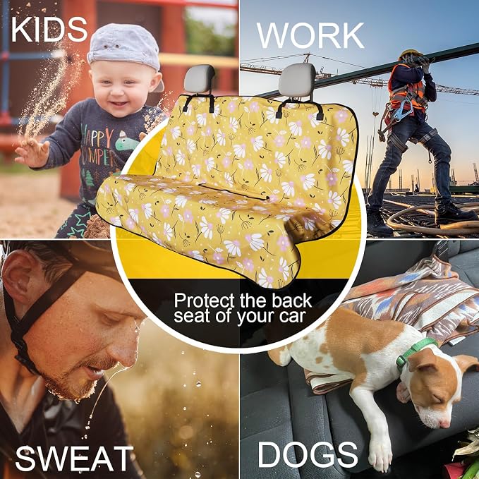 Back Seat Cover for Car Trucks Van SUV Jeep,Waterproof Rear Bench Towel Seat Covers for Dogs and Kids,Automotive Backseat Protector (Chamomile and Yellow) - Image 6
