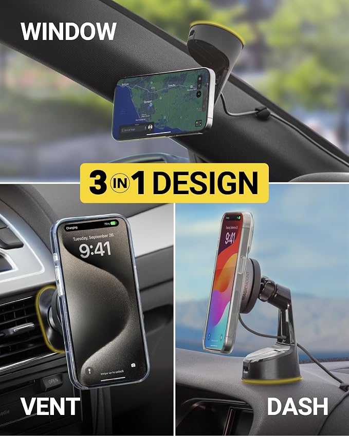 Scosche Qi2 Wireless MagSafe Car Mount Charger, 15W Magnetic Suction Cup Windshield/Dashboard Cell Phone Holder with Vent Clip & Fast USB-C Car Charger Compatible with Apple iPhone 16/15/14/13/12, S25 - Image 4