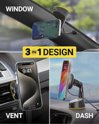 Scosche Qi2 Wireless MagSafe Car Mount Charger, 15W Magnetic Suction Cup Windshield/Dashboard Cell Phone Holder with Vent Clip & Fast USB-C Car Charger Compatible with Apple iPhone 16/15/14/13/12, S25 - Image 4