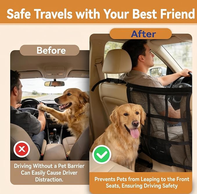 Dog Car Barrier, 9-Grid Reinforced Sturdy Pet Car Divider, Breathable Double-Layer Mesh with Zipper Storage, Easy to Install, Pet Travel Safety Barrier for SUVs, Sedans & Trucks - Image 3