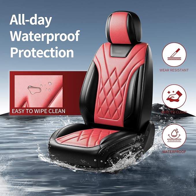 Car Seat Covers Compatible with GMC Yukon 2007-2025 2026 - Waterproof & Breathable Luxury Leather All-Weather Seat Cushions Protectors, Airbag Compatible, Only 2 Front seat Covers (Red) - Image 4