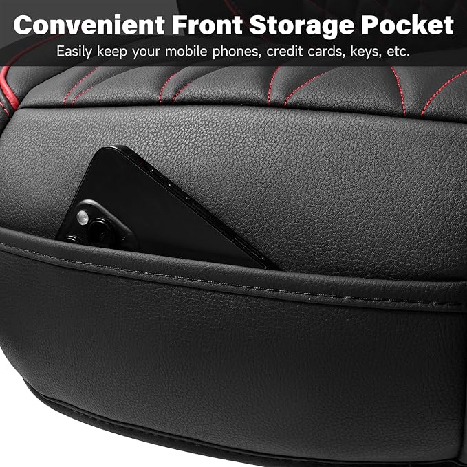 CAR PASS Luxury PU Leather Two Front Car Seat Covers, Waterproof Seat Covers Compatible with Front Seat Armrests, Airbag Compatible Anti- Slip Universal Fit for Cars Suvs Vans Trucks Black Red - Image 6