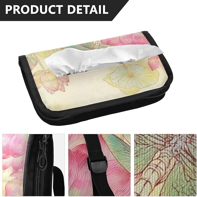 Car Tissue Holder Car Napkin Holder Tissue Box Dispenser Storage Case Sun Visor Mask Holder Accessories with Adjustable Straps Reusable Refillable Dragonfly Lotuses Yellow - Image 3