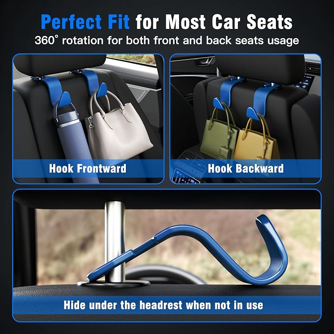 4-Pack Car Headrest Hooks Holds 55lbs Seat Storage Organizer for Bags | Durable ABS Material, 360° Rotating, Car Hanger for Backpack Umbrella Water Bottle Coat Purses Handbags Groceries, Blue - Image 4