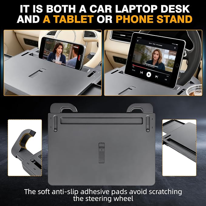Car Steering Wheel Tray, Adjustable Laptop Desk with Drawer & Non-Slip Pad | Multipurpose Vehicle Tray, Non-Slip , Built-in Storage Drawer, Secure & Durable - Image 4