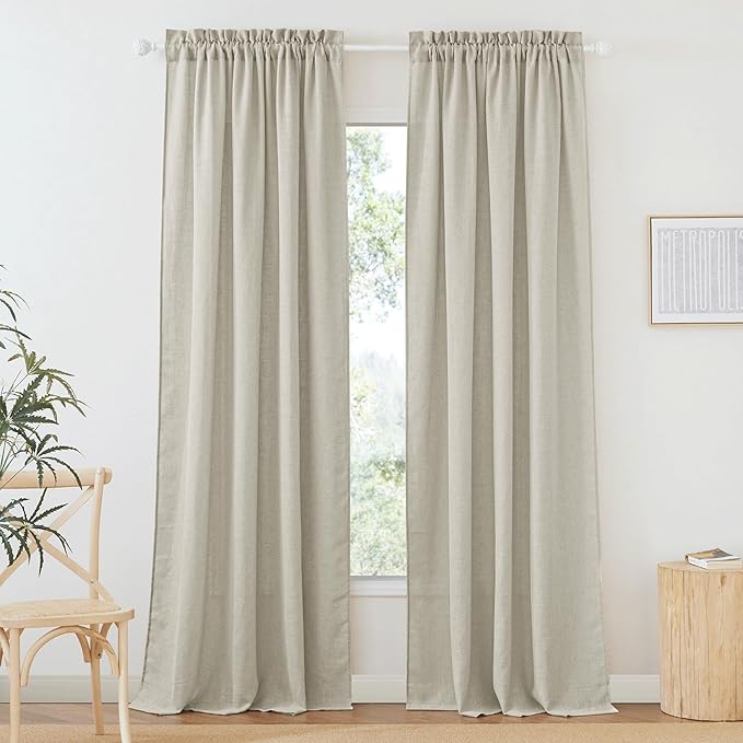RYB HOME Semi Sheer Curtains 90 inches Long for Bedroom | Linen Textured, Light Filtering Privacy, Light Airy Sheer, Rod Pocket, Living Room Sun Room, Angora, W52 x L90, 1 Pair by RYBHOME