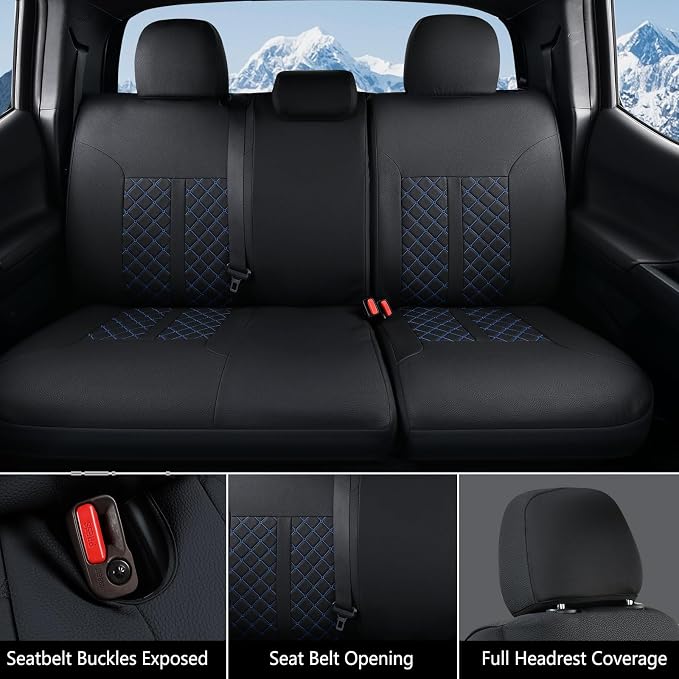 Truckiipa Seat Covers for Tacoma Full Set Leather Truck Seat Covers Waterproof Car Seat Cover Cushion Custom Fit for 2005-2015 Toyota Tacoma Double Crew Cab, Full Set, Black&Blue - Image 3
