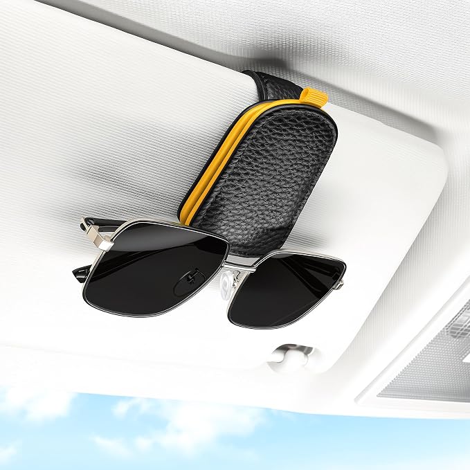 SINGARO Sunglasses Holder for Car, Leather Magnetic Buckle Sun Visor Sunglass Clip, Ticket Card Storage Glasses Clip, Car Interior Accessories for Men and Women（Black-Yellow） by SINGARO