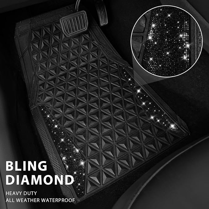 CAR PASS Bling Diamond Car Mats Rubber Floor Mats Full Set Anti-Slip 3D Rhombus Waterproof Trim to Fit Liner Universal Glitter Crystal Sparkly Shining Rhinestone Girl Women SUV Sedan, Black Diamond - Image 2