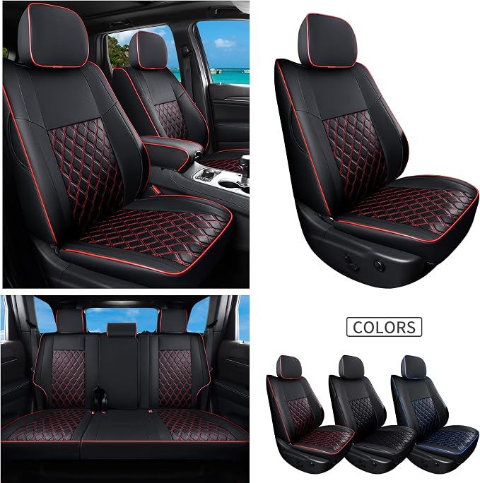 Huidasource Upgrade Jeep Grand Cherokee Seat Covers, Full Coverage Waterproof Leather Car Seat Covers, Custom Seat Cushion Protector Fit for Jeep Grand Cherokee 2011-2021 (Full Set/Black&Red) - Image 5