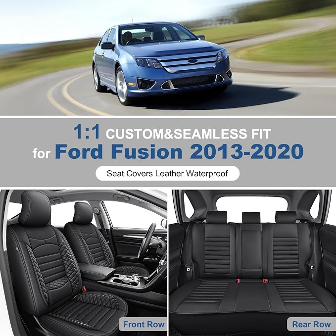 Custom for Ford Fusion Seat Covers SE/Titanium/S/SEL/Sport/Platinum 2013 2014 2015 2016 2017 2018 2019 2020 Car Seat Covers Full Set Faux Leather Car Seat Cushion Protector (Black, 5 Seats) - Image 2