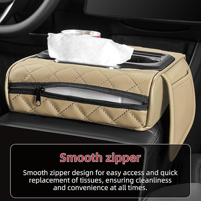 5 in 1 Nappa Leather Console Armrest Cover, Beige | Built-in cup holder, tissue slot, phone holder & 2 storage pockets, practical car accessories fit SUV sedan truck - Image 5