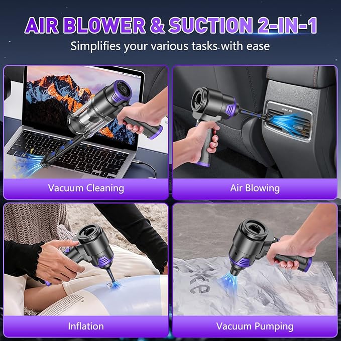 KMM Handheld Car Vacuum Cleaner, 16000PA Hand Held Vacuum & Air Duster | Strong Suction, Portable, Cordless, 120W High Power Rechargeable, Multi-Nozzles & LED Liht, for Home, Car, Office - Image 3