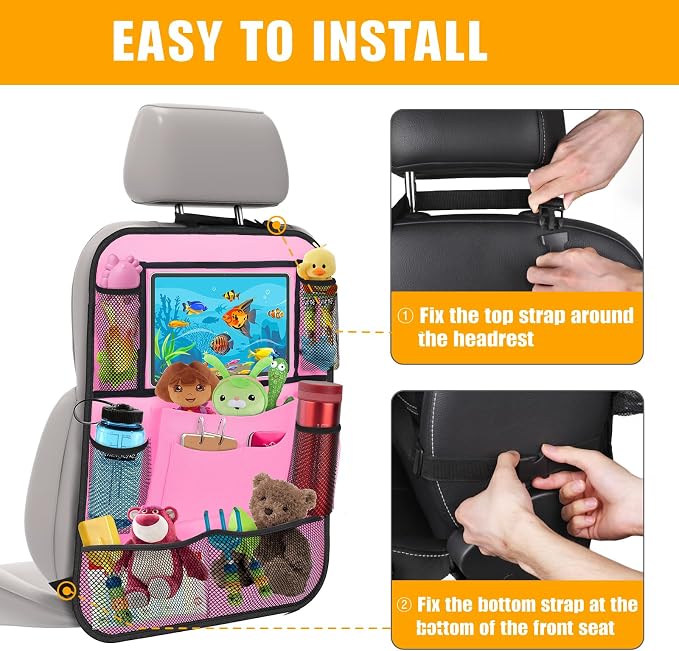 Backseat Car Organizer w/ 10 Storage Pockets, 11" Tablet Holder, 2 PCS Pink | Car Organizers and Storage Kick Mats Back Seat Protector w/ Touch Screen Tablet Holder for Kids Toddlers, Travel Accessories - Image 6