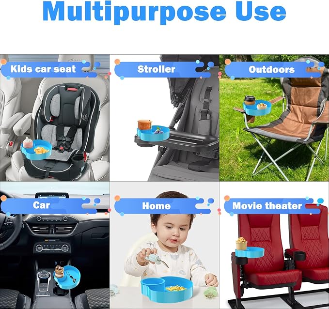 [2 Packs] Kids Car Seat Tray, Travel Tray with Cup Holder for Toddler Baby, Kids Car Seat Food Snack Organizer for Road Trip, Stroller snack Organizer Travel Must Haves (Sky Blue, 2 PCS) - Image 3
