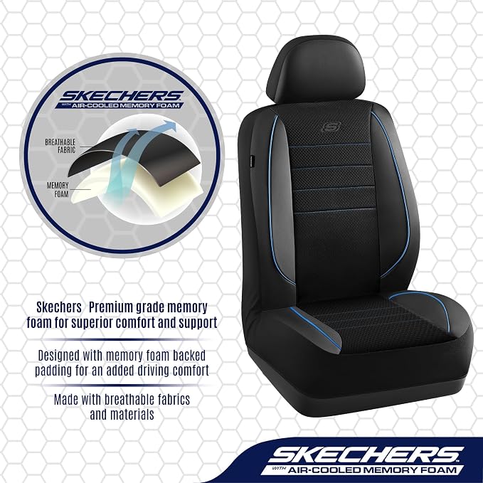 Skechers Air-Cooled Memory Foam Seat Covers,Mesh Thick Car Seat Covers,Piping Leather Car Seat Cover,Airbag Compatible,Automotive Comfort for Most Cars, Vans, Trucks, SUV(Blue,Full Set) - Image 5