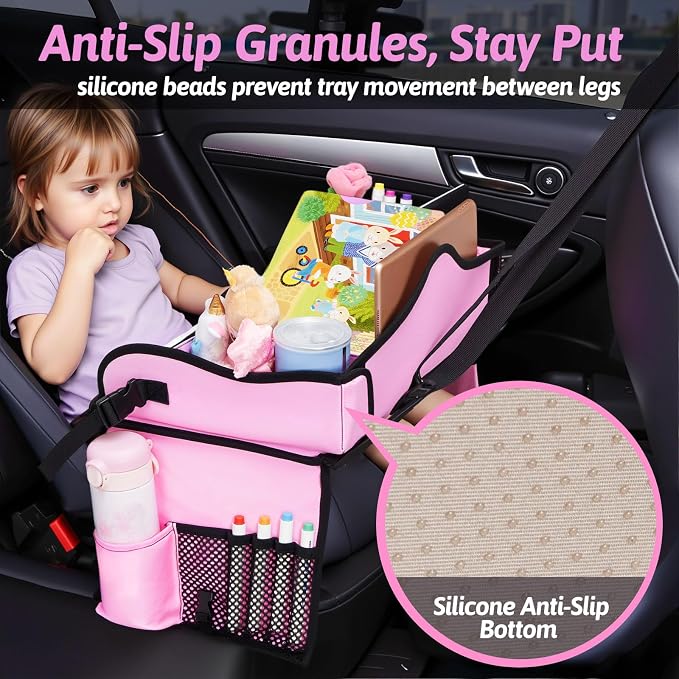 Kids Travel Tray for Car, Girl's Safety Seat Table | Weight-Relief Strap, Non-Skid Silicone Base, Waterproof Dining/Craft Mat, Carseat/Airplane Lap Desk - Image 4