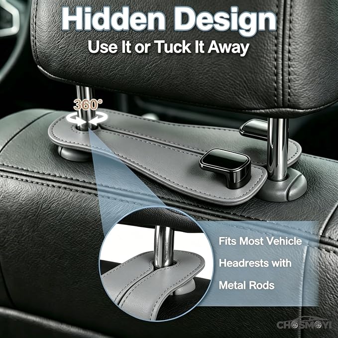 Leather Car Bag Hooks, 2 Pack Headrest Hooks for Handbags & Groceries(Grey) | Double Hook Anti-Drop Design, Holds Up to 50 lbs, Purse Holder, Car Organization, Vehicle Accessories - Image 4