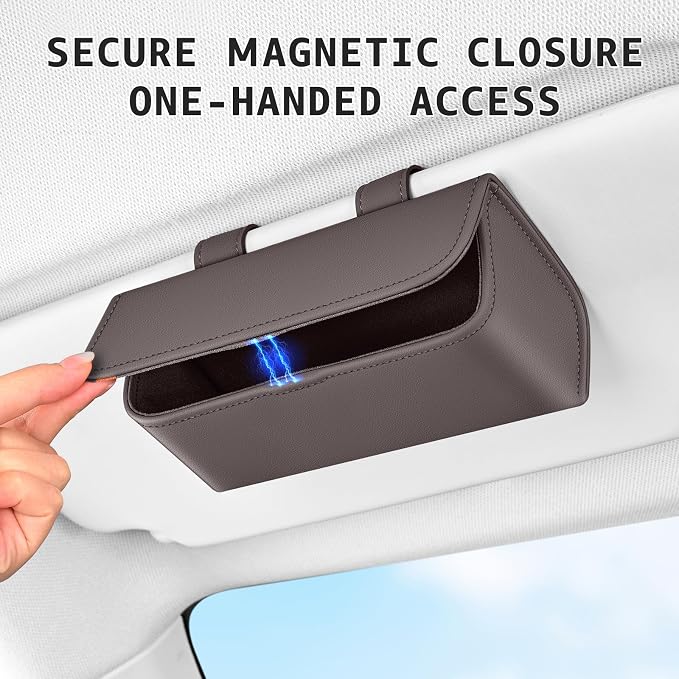 Magnetic Sunglasses Holder for Car Visor, PU Leather Clip, Brown | Soft Inner Lining, One-Handed Access, Holds Eyeglasses, Parking Tickets and Receipts, For Cars, SUVs and Trucks, 1 Pack - Image 2
