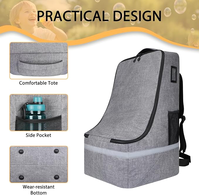 LARIPOP Car Seat Travel Bag for Airplane, Universal Gate Check Car Seat Bag, Padded Backpack with Waist Belt, Reflective Strips & Protective Feet, Fits Infant Convertible Booster Seats, Grey - Image 5