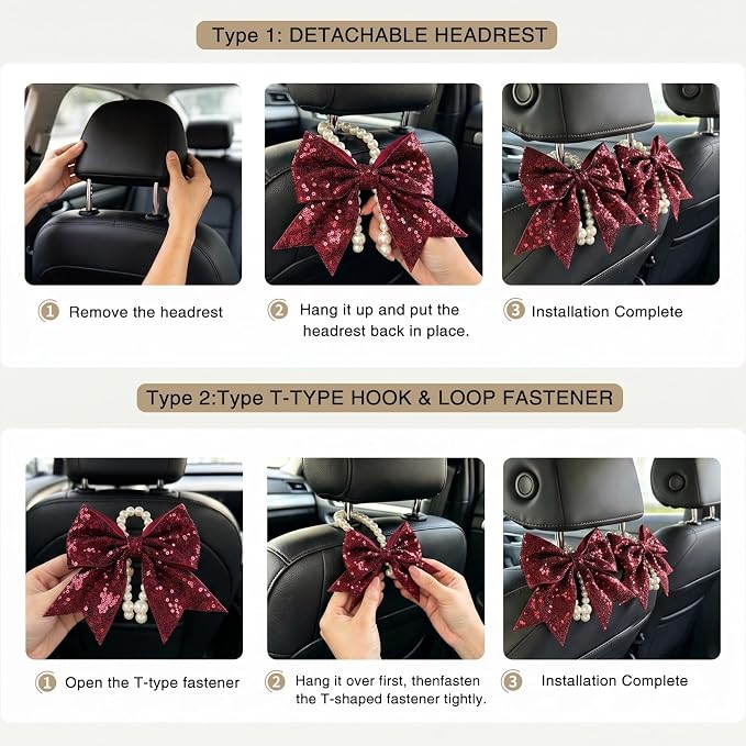 2 Pack Pearl Car Seat Headrest Hook with Bow & Sequin/Leopard/Polka Dot Design – Cute Purse Hanger for Vehicle,Grocery Bags, Umbrellas, Seat Back Organizer for Women (Red Sequins) - Image 6