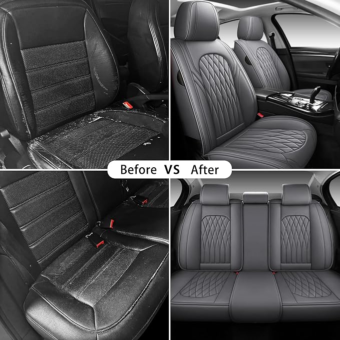 WELLDO Nappa Faux Leather Car Seat Covers Full Set, Gray | Waterproof, Non-Slip Seat Protector, 0.28in Thickened Cushion, Airbag Compatible, Universal for Cars SUV Truck Pickup - Image 4