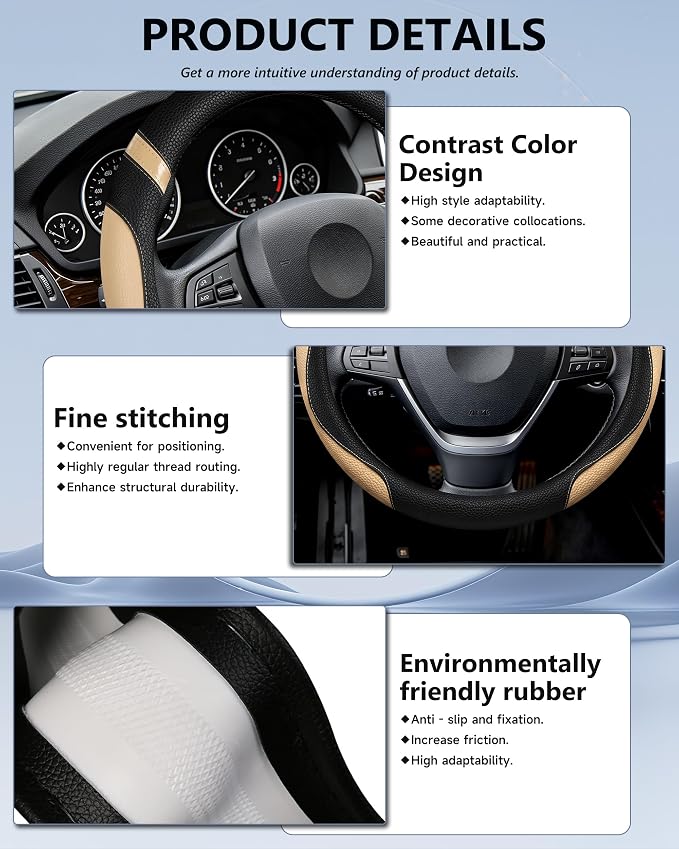 Steering Wheel Cover for Car Leather Universal Steering Wheel Covers for Men Women Fit Cars SUV Truck Pickup 15inch (Beige) - Image 4