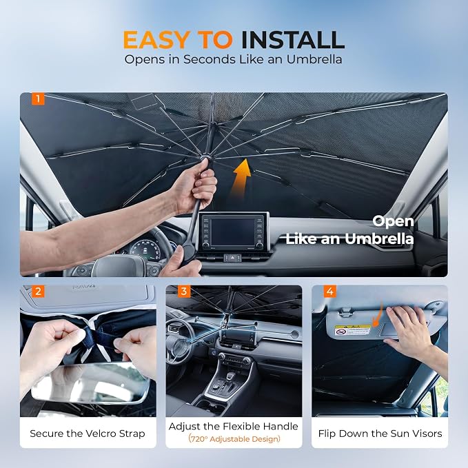 [2026 Upgraded] DooGooCoo Windshield Sun Shade Umbrella for Nissan Rogue 2021-2025 2026 [100% Sunlight Blocked, Cooling Ice Crystal ] Sunshade for Car Windshield for Rogue Sun Shade, Custom Fit. - Image 8