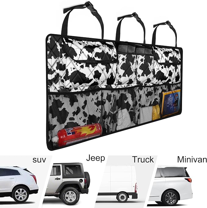 Femuar Car Trunk Organizer,Large Capacity Backseat Trunk Organizer(42"*18"),Collapsible Car Storage Bag with 8 Pocekt,SUV/MPV/Truck - Cow print - Image 5