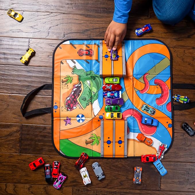 Hot Wheels ZipBin - Car Storage Box & Playmat with Ramp, Kids 3+ | Unzips to 21x21 in Racetrack Mat, Portable Travel Case for Toy Cars, Compact 8x8x7 in Bin, Suitable for Kids Ages 3+ - Image 5