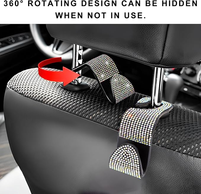 4 PCS Car Seat Headrest Hooks, Bling Crystal Rhinestone Back Seat Hanger Storage Organizer, Sparkly Seatback Holder Hooks for Purse and Bags Universal For Most Vehicles (Colorful) - Image 6