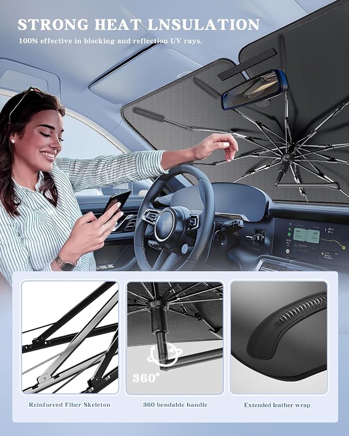 Portable for Nissan Titan 2020-2024 2025 Windshield Sunshade Umbrella with Carry Bag, 2 in1 Ice Crystal Durable Compact Shade Umbrella UPF50+ UV Front Window Heat Insulation Protection Outdoor Camping - Image 5