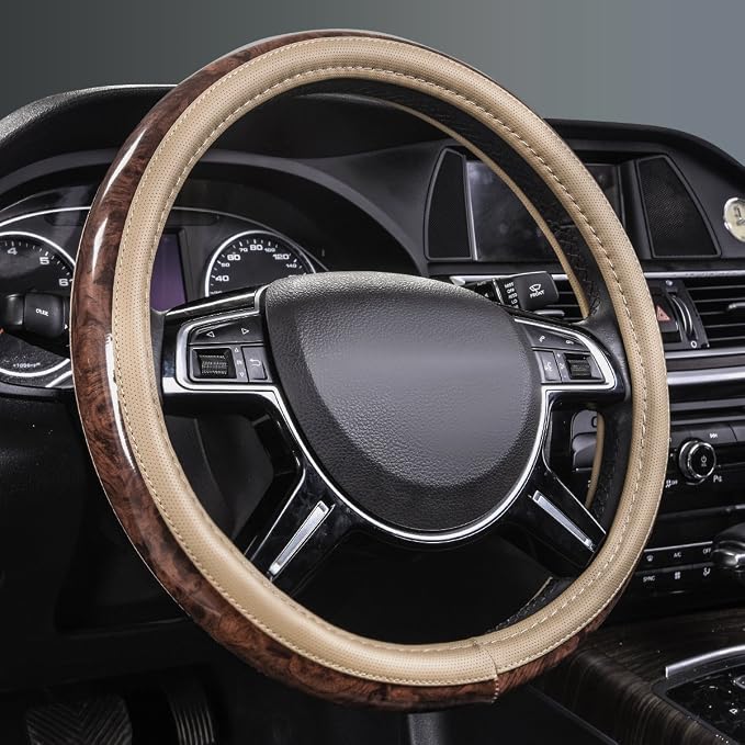 CAR PASS Wood Grain 14.5-15 inch Microfiber Leather Steering Wheel Cover, Anti-Slip Veins Design Steering Wheel Universal Fit for Most Cars, Sedans, SUV， Beige - Image 2