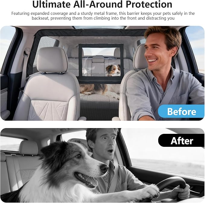 50" Pet Dog Car Barrier with Removable Visual Window, Pet Barrier for Car Escape-Proof, Back Seat Divider & Cargo Area Gate, Durable Dog Net for Car, Ideal for Trucks, SUV & Mid-Sized Vehicle - Image 4
