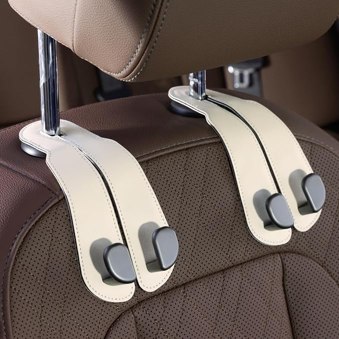 CoBak Purse Hook for Car - Universal Premium Stitched Leather and Aluminum-Magnesium Alloy Double Car Seat Back Storage Hook for Purses, Handbags, Bags (2 Pack),Beige by PopulartabletcasebrandWegivepeoplethebestdesignofprotectingvariouselectronicdevices