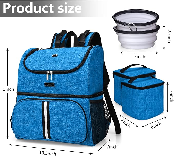 BAGLHER Pet Travel Bag, Double-Layer Pet Supplies Backpack (for All Pet Travel Supplies), Pet Travel Backpack with 2 Silicone Collapsible Bowls and 2 Food Baskets Blue - Image 3