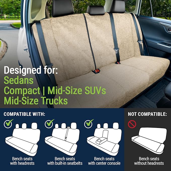 Season Guard Back Seat Towel Seat Cover for Cars; Great for After Gym Workouts, Dogs, and Outdoor Activities; Universal Fit for Cars SUVs Vans Trucks Rear Seats, EZ fit, Non Slip Grip, Tan - Image 6