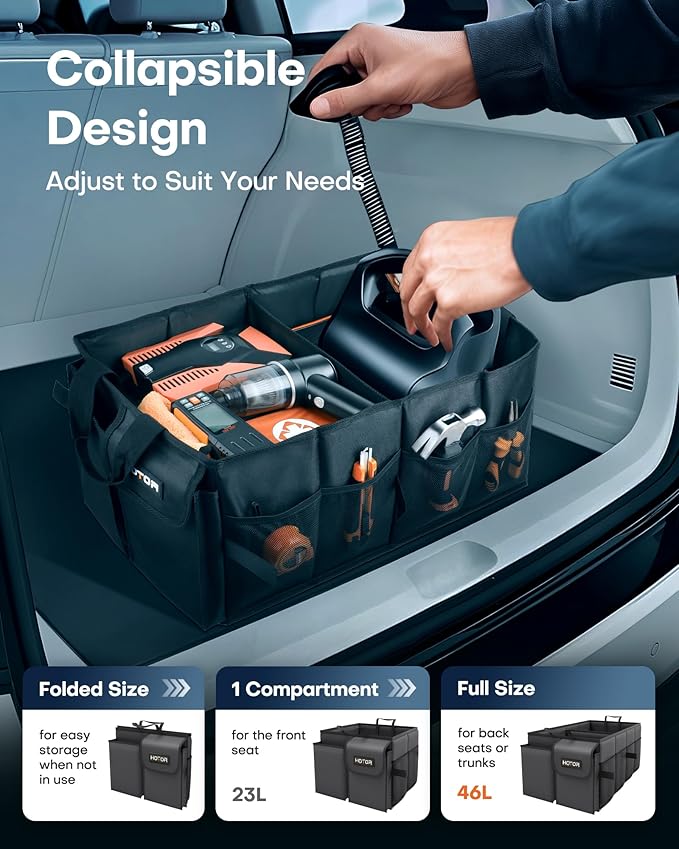 HOTOR Trunk Organizer - Foldable Car Organizer for SUVs & Sedans Storage | Sturdy Car Organization for Men & Women, Car Accessories, Tools, Sundries, Black, 2 Compartments, 21.3" x 12.6" x 10.6" - Image 6