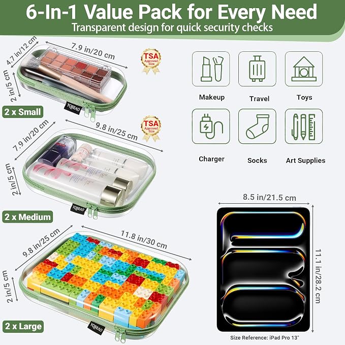 YQBRAO Clear Hard Shell Zipper Cases, 6 Multi-Size Organizers, Green | Rigid clear shells in three practical sizes organize toiletries, cosmetics, cables, stationery and household essentials - Image 4
