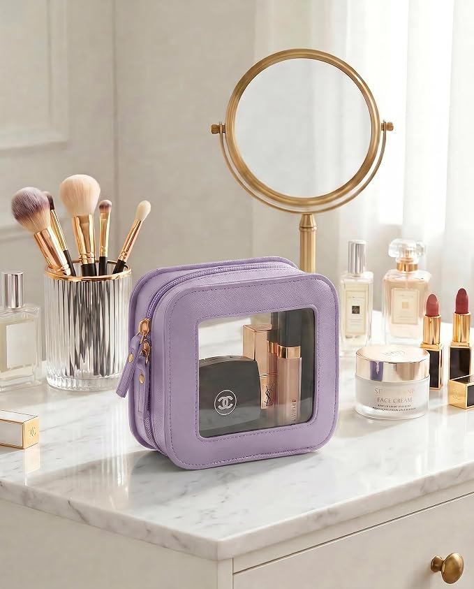Mini Clear Makeup Bag - Cute Square Cosmetic Pouch for Travel Essentials with Zipper - For Women & Girls (Square, Purple) - Image 4