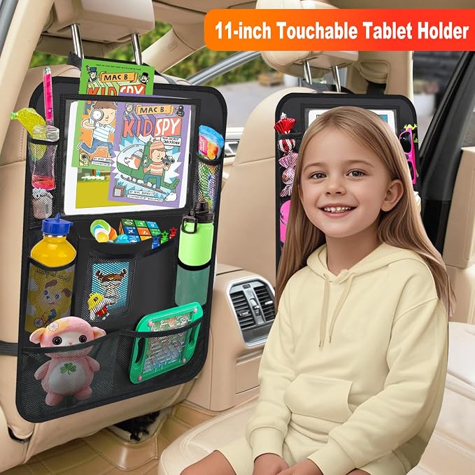 Car Backseat Organizer ，2 Pack Car Organizer Back Seat with 11" Tablet Holder, 10 Storage Pockets Seat Back Protectors Kick Mats for Kids Toddlers, Travel Accessories (Black) - Image 2