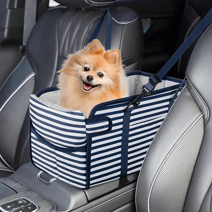 Portable Dog Car Seat for Small Dogs, Puppy Car Seat, Blue Stripes | Booster Seat With Safety Leash & Adjustable Straps Keeps Small Dogs Secure. Removable Washable Cushion. Fits Most Cars. by NECKORY