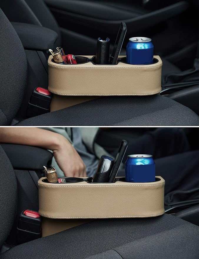 IOKONE Cup Holder for Car, Console Side Pocket, PU Leather Cover, Beige | Car Seat Gap Filler Organizer, Front Seat Organizer, Drink Holder for Car, Cell Mobile Phone Holder, Car Coin Holder - Image 8