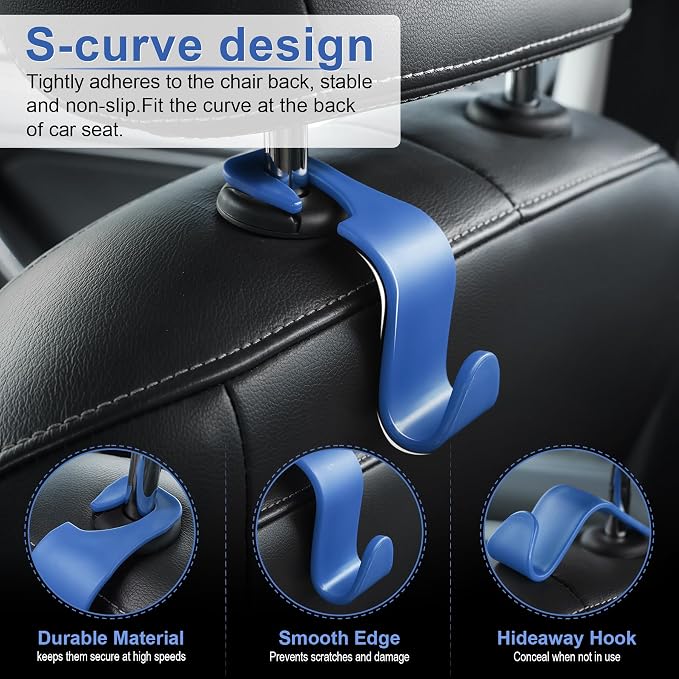 LivTee Car Seat Headrest Hook, Car Headrest Hidden Hook, 4 Pack Universal Auto Car Back Seat Hook Organizer for Purse Coat, Car Interior Accessories (Blue) - Image 2