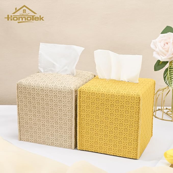 HOMOTEK 2 Pack Tissue Box Cover, Square PU Leather Tissue Holder, Decorative Facial Tissue Cube Paper Organizer Dispenser for Bathroom, Night Stands, Desk, Car 5X5X5'' - Rattan Weave,Mango Yellow - Image 6