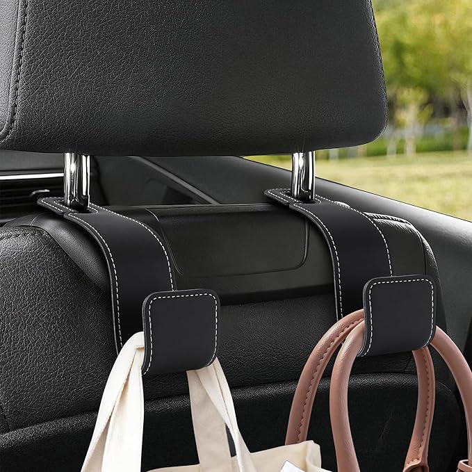 Leather Car headrest Hook for Purses and Bags (Black, 2pcs) | Leather wrap hook with Larger strap holder, friendly to your leather purse. Strong load up to 44lbs. by Unknown