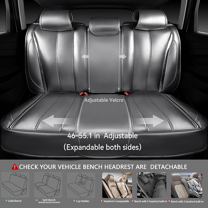 CAR PASS Ultra+ Nappa Leather Car Seat Covers Full Set Universal Cushioned, Soft Breathable Waterproof Anti-Slip Driver Seats and Backrest for SUV Pick-up Truck Sedan, 5 Seats Margiela Solid Silver - Image 8