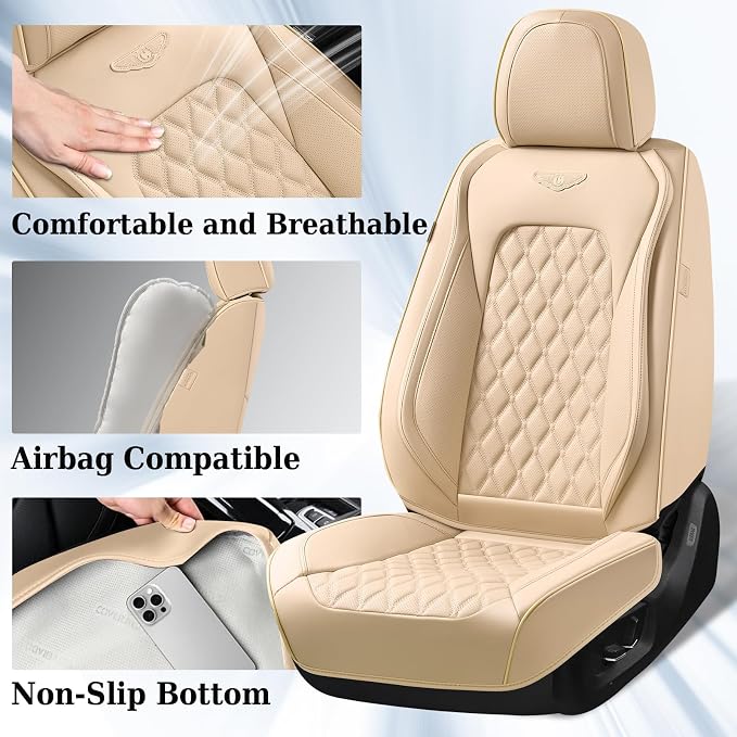 Coverado Full Set Leather Car Seat Covers, Waterproof Faux Leather Seat Covers, Beige Car Seat Protectors, 5 Seats, Universal Fit for Most Cars & SUVs-Beige - Image 2