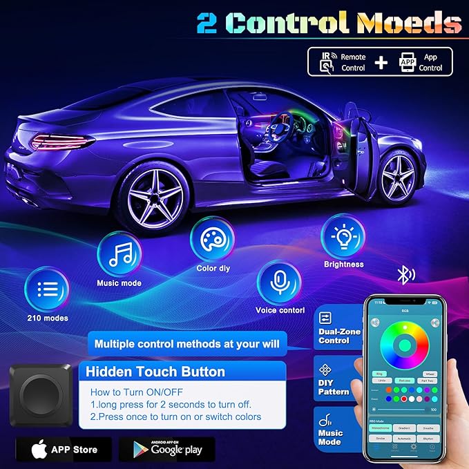 Dreamcolor Acrylic Interior Car LED Strip Light with Wireless APP, RGB 22 in 1 with 175 inches 612 LEDs Fiber Optic Strip Lights for Car, Dual Zone Symphony Neon Car Ambient Lighting - Image 5