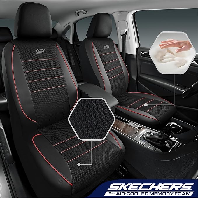 Skechers Air-Cooled Memory Foam Seat Covers,Thick Car Seat Covers,Leather Piping Car Seat Covers Front Seats,Airbag Compatible,Automotive Comfort Universal Fit Most Cars,Vans,Trucks,SUV,Red - Image 2